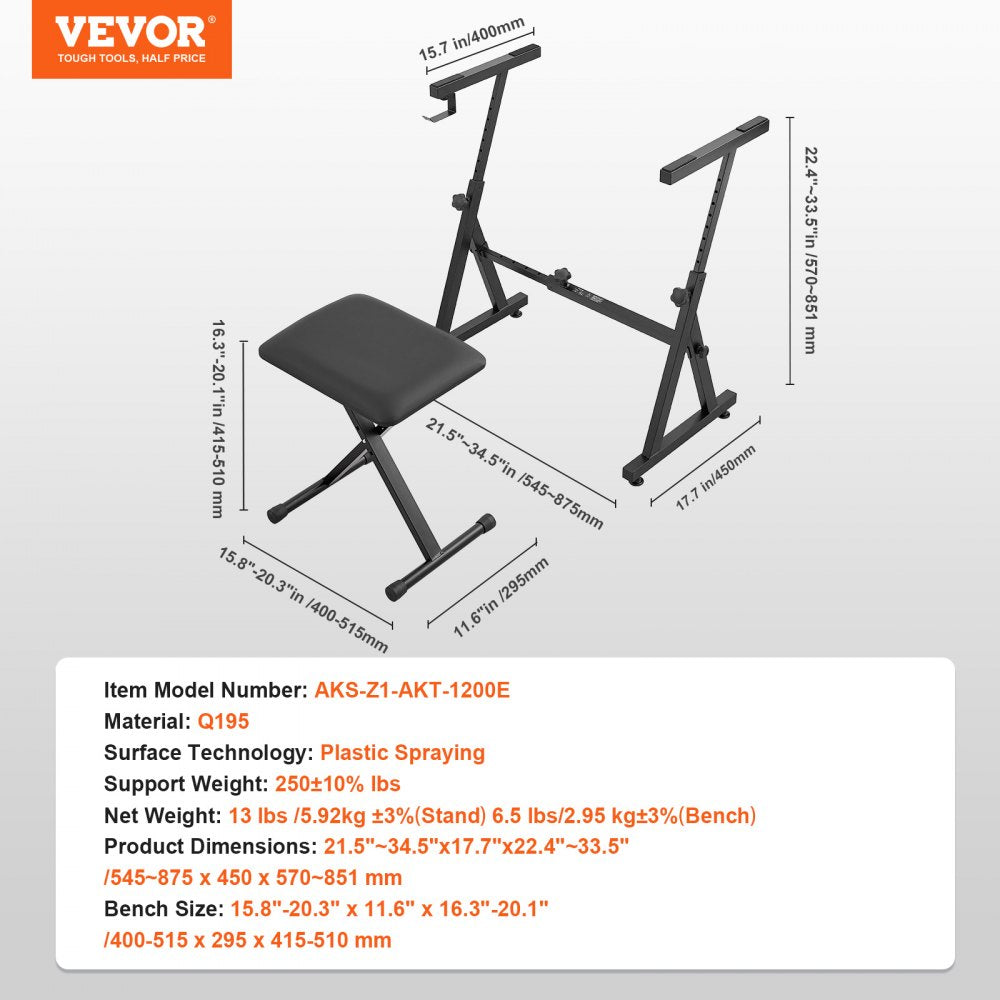 VEVOR Piano Keyboard Stand and Bench Set, Z Style, Heavy-Duty Digital Piano Music Stand and Seat, 250 lbs Capacity with Adjustable Piano Bench Width Height Wheels, Fits for 54-88 Key Electric Pianos
