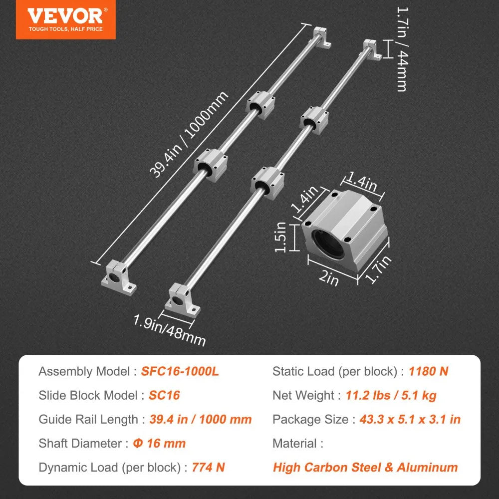 VEVOR Linear Motion Kit, SFC16 1000mm, Includes 2 Rails of 39.4 inches, 4 SC16 Carriage Blocks, and 4 Support Brackets, Ideal for CNC and Automation Projects