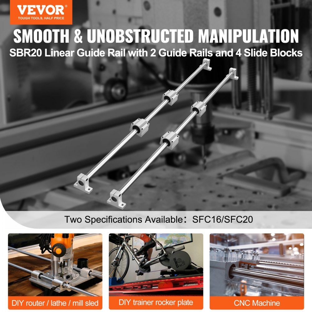 VEVOR Linear Guide Set, SFC20 1000mm, Comes with Two 39.4 in/1000 mm SFC20 Guides, Four SC20 Slide Blocks, and Four Guide Supports for Automated Machinery and CNC Tasks