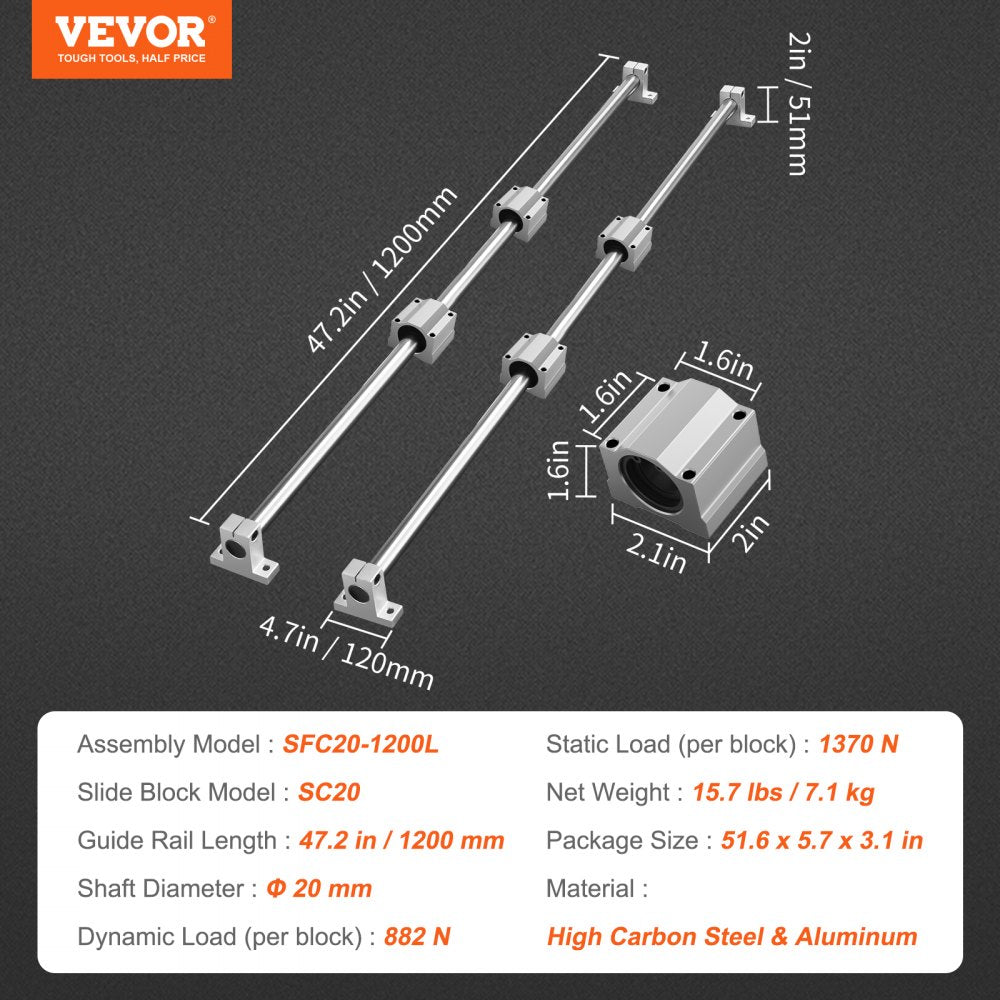 VEVOR Linear Guide Rail Set, SFC20 1200 mm, 2 PCS 47.2 in/1200 mm SFC20 Guide Rails 4 PCS SC20 Slide Blocks 4 PCS Rail Supports, Linear Rails and Bearings Kit for Automated Machines CNC DIY Project