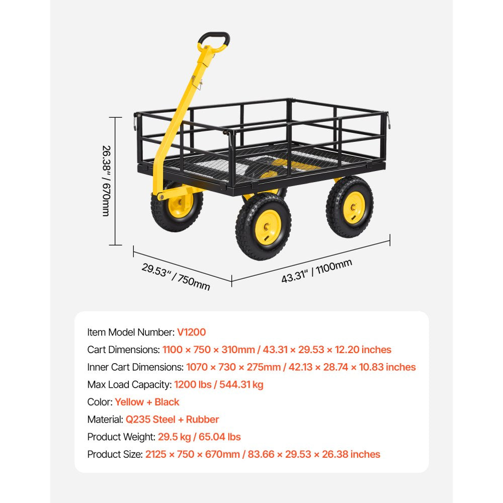VEVOR Steel Garden Cart, 1200 lbs Heavy Duty Pullable Garden Wagon Yard Cart, 2 in 1 Outdoor Metal Utility Wagon Yard Trailer with 13" All Terrain Tires, Mesh Detachable Sides and 180° Rotating Handle