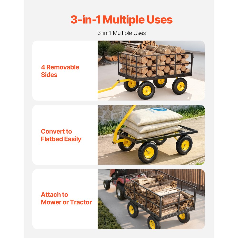VEVOR Steel Garden Cart, 1400 lbs Heavy Duty Pullable Garden Wagon Yard Cart, 2 in 1 Outdoor Metal Utility Wagon Yard Trailer with 13" All Terrain Tires, Mesh Detachable Sides and 180° Rotating Handle