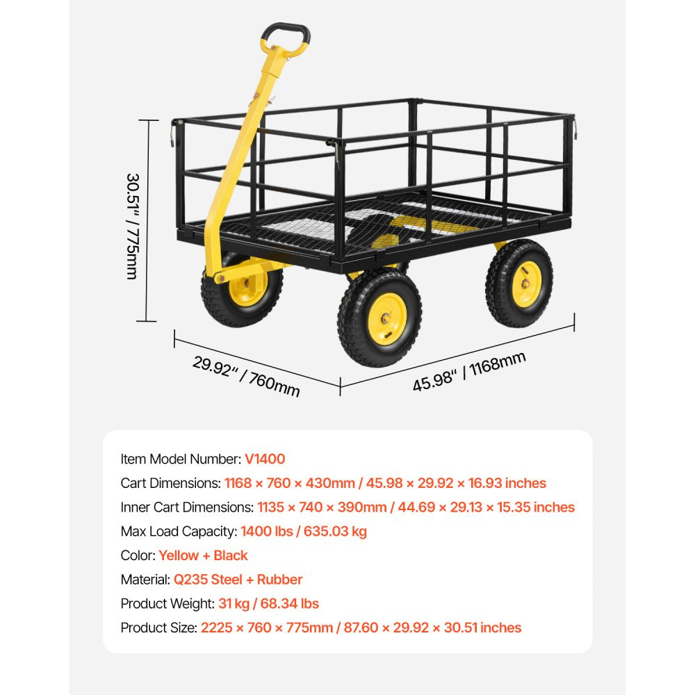 VEVOR Steel Garden Cart, 1400 lbs Heavy Duty Pullable Garden Wagon Yard Cart, 2 in 1 Outdoor Metal Utility Wagon Yard Trailer with 13" All Terrain Tires, Mesh Detachable Sides and 180° Rotating Handle