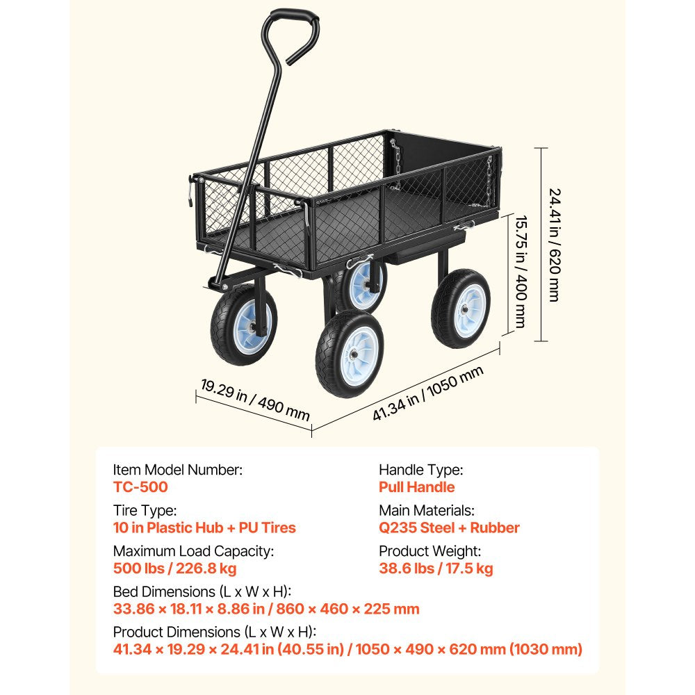 VEVOR Garden Cart with Seat, 500 LBS, Rolling Steel Garden Work Seat with Wheels, Heavy Duty Gardening Stool, with Tool Tray & Adjustable Handle, Outdoor Yard Wagon, for Lawn, Patio, Backyard, Black