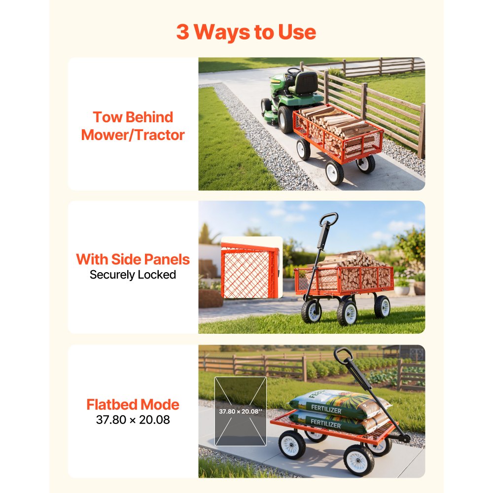 VEVOR Garden Cart, 900 LBS, Heavy Duty Steel Yard and Garden Utility Wagon with 10-Inch Tires, Outdoor Gardening Stool with Adjustable Handle, Detachable Side Panels, Attach to ATV or Tractor, Red