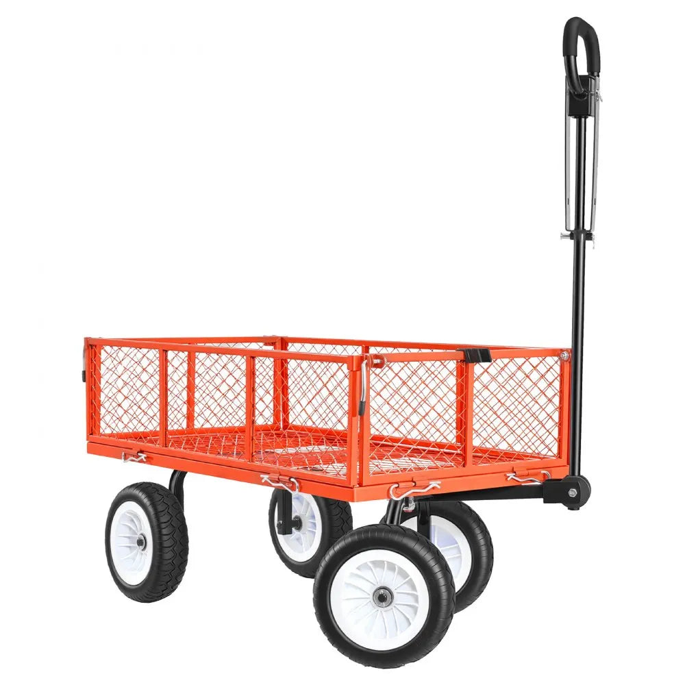 VEVOR Garden Cart, 900 LBS, Heavy Duty Steel Yard and Garden Utility Wagon with 10-Inch Tires, Outdoor Gardening Stool with Adjustable Handle, Detachable Side Panels, Attach to ATV or Tractor, Red
