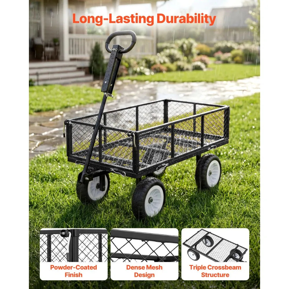 VEVOR Garden Cart, 900 LBS, Heavy Duty Steel Yard and Garden Utility Wagon with 10-Inch Tires, Outdoor Gardening Stool with Adjustable Handle, Detachable Side Panels, Attach to ATV or Tractor, Black