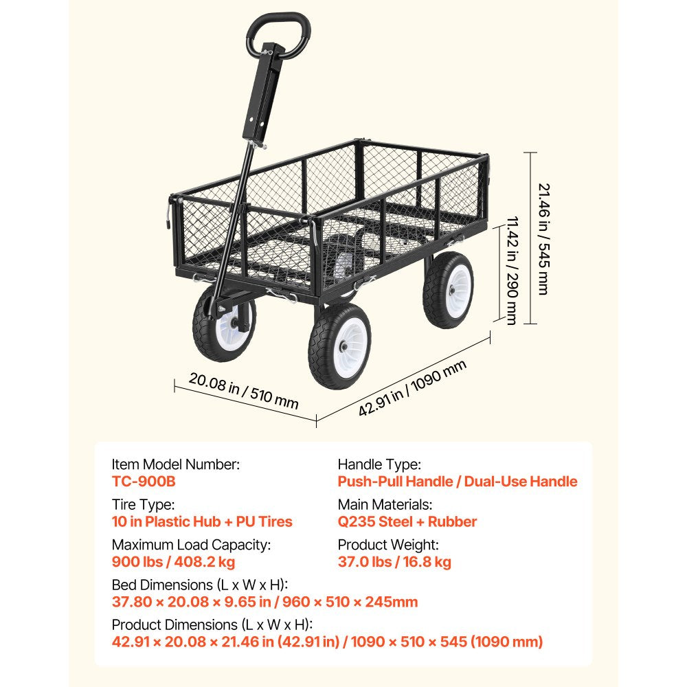 VEVOR Garden Cart, 900 LBS, Heavy Duty Steel Yard and Garden Utility Wagon with 10-Inch Tires, Outdoor Gardening Stool with Adjustable Handle, Detachable Side Panels, Attach to ATV or Tractor, Black