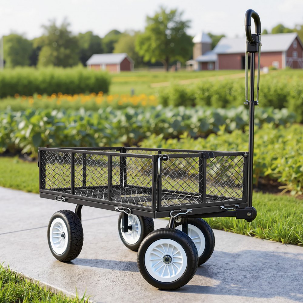 VEVOR Garden Cart, 900 LBS, Heavy Duty Steel Yard and Garden Utility Wagon with 10-Inch Tires, Outdoor Gardening Stool with Adjustable Handle, Detachable Side Panels, Attach to ATV or Tractor, Black