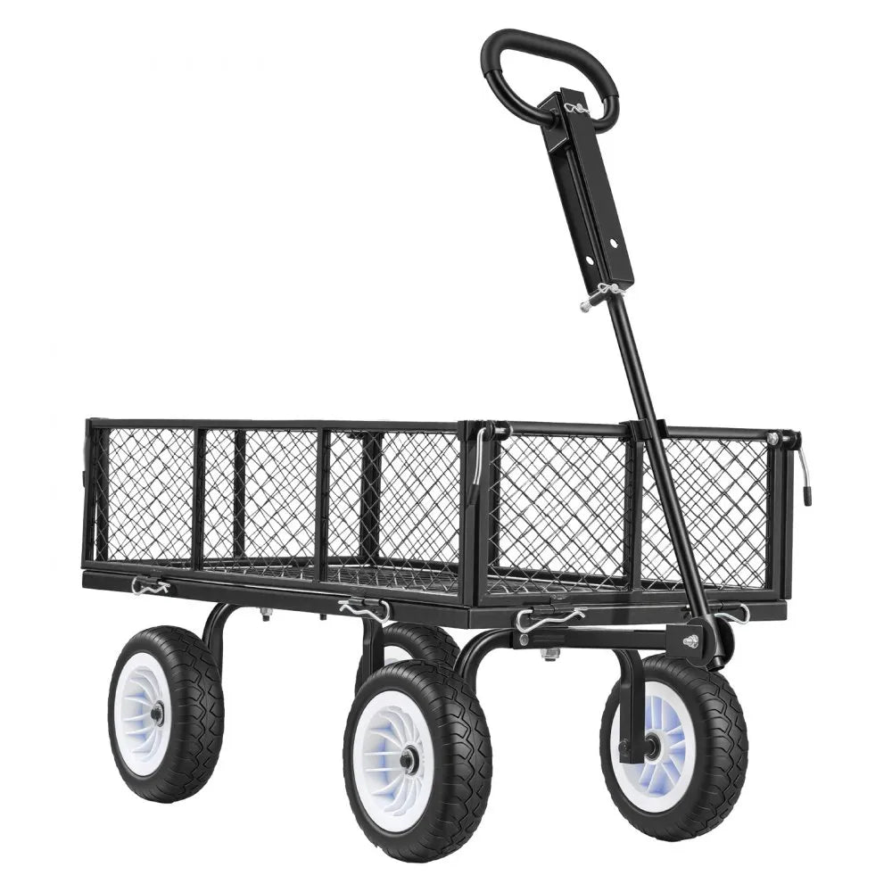 VEVOR Garden Cart, 900 LBS, Heavy Duty Steel Yard and Garden Utility Wagon with 10-Inch Tires, Outdoor Gardening Stool with Adjustable Handle, Detachable Side Panels, Attach to ATV or Tractor, Black