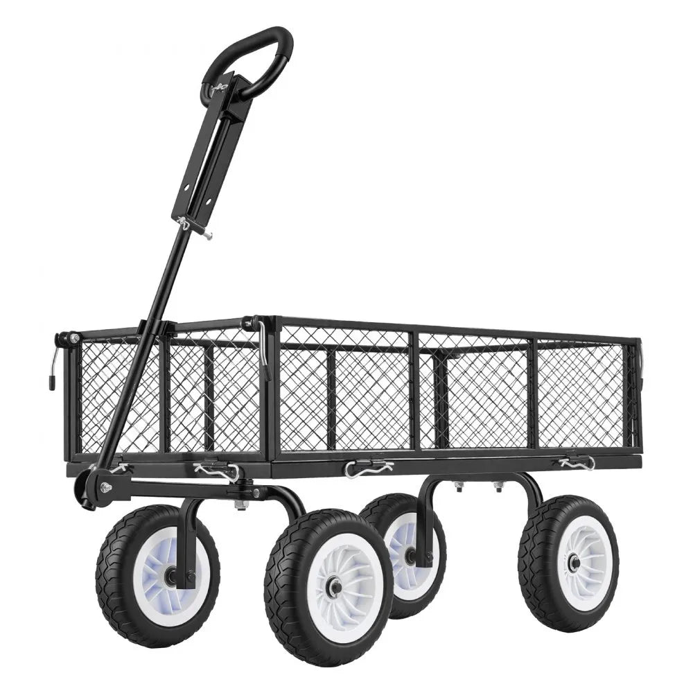 VEVOR Garden Cart, 900 LBS, Heavy Duty Steel Yard and Garden Utility Wagon with 10-Inch Tires, Outdoor Gardening Stool with Adjustable Handle, Detachable Side Panels, Attach to ATV or Tractor, Black