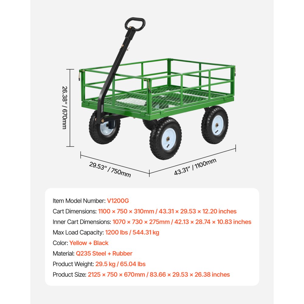 VEVOR Steel Garden Cart, 1200 lbs Heavy Duty Pullable Garden Wagon Yard Cart, 2 in 1 Outdoor Metal Utility Wagon Yard Trailer with 13" All Terrain Tires, Mesh Detachable Sides and 180° Rotating Handle