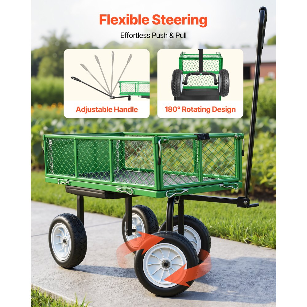 VEVOR Garden Cart with Seat, 500 LBS, Rolling Steel Garden Work Seat with Wheels, Heavy Duty Gardening Stool, with Tool Tray & Adjustable Handle, Outdoor Yard Wagon, for Lawn, Patio, Backyard, Green