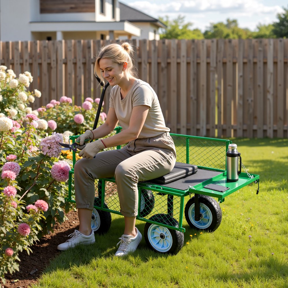 VEVOR Garden Cart with Seat, 500 LBS, Rolling Steel Garden Work Seat with Wheels, Heavy Duty Gardening Stool, with Tool Tray & Adjustable Handle, Outdoor Yard Wagon, for Lawn, Patio, Backyard, Green