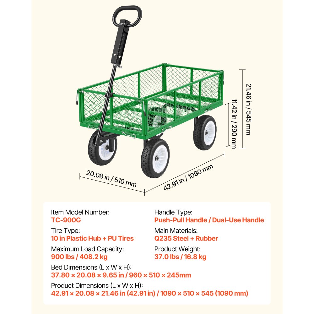 VEVOR Garden Cart, 900 LBS, Heavy Duty Steel Yard and Garden Utility Wagon with 10-Inch Tires, Outdoor Gardening Stool with Adjustable Handle, Detachable Side Panels, Attach to ATV or Tractor, Green