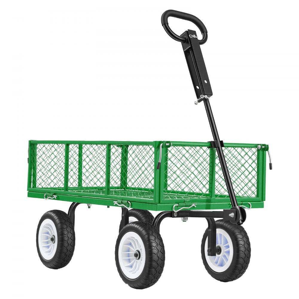 VEVOR Garden Cart, 900 LBS, Heavy Duty Steel Yard and Garden Utility Wagon with 10-Inch Tires, Outdoor Gardening Stool with Adjustable Handle, Detachable Side Panels, Attach to ATV or Tractor, Green