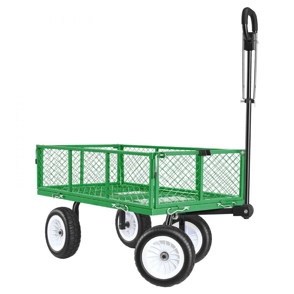 VEVOR Garden Cart, 900 LBS, Heavy Duty Steel Yard and Garden Utility Wagon with 10-Inch Tires, Outdoor Gardening Stool with Adjustable Handle, Detachable Side Panels, Attach to ATV or Tractor, Green