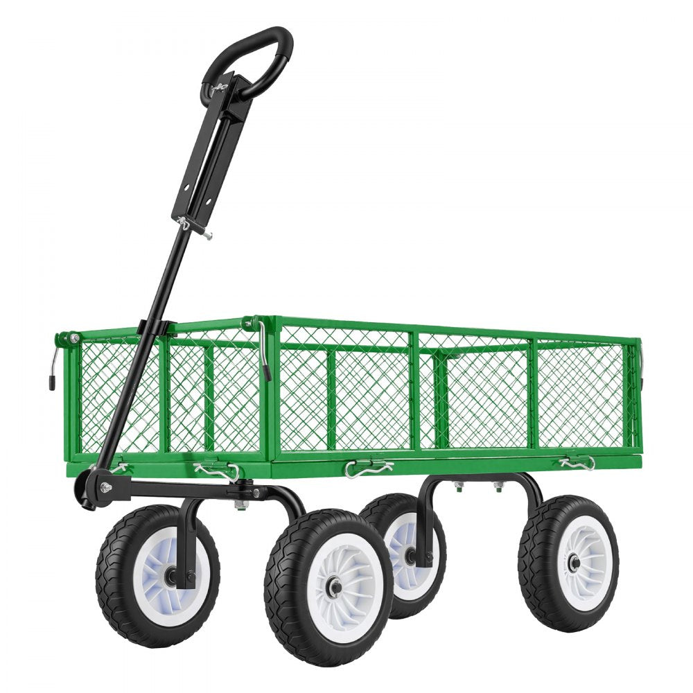 VEVOR Garden Cart, 900 LBS, Heavy Duty Steel Yard and Garden Utility Wagon with 10-Inch Tires, Outdoor Gardening Stool with Adjustable Handle, Detachable Side Panels, Attach to ATV or Tractor, Green