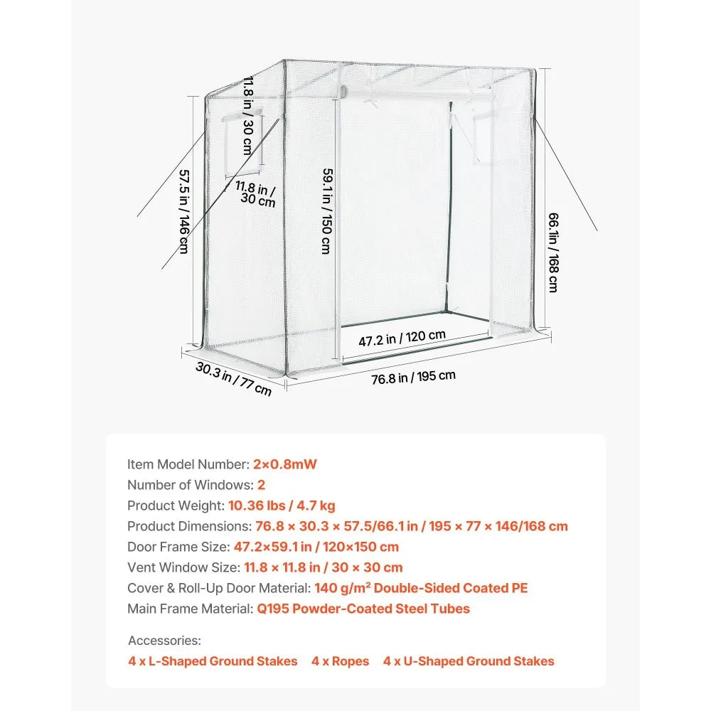 VEVOR Walk-in Greenhouse, 76.8" x 30.3" x 66.1" Greenhouse for Outdoors with Windows, PE Cover, Roll-Up Zipper Door, Walk in Green House Kit, Portable Plant Garden Hot House for Backyard, Outside