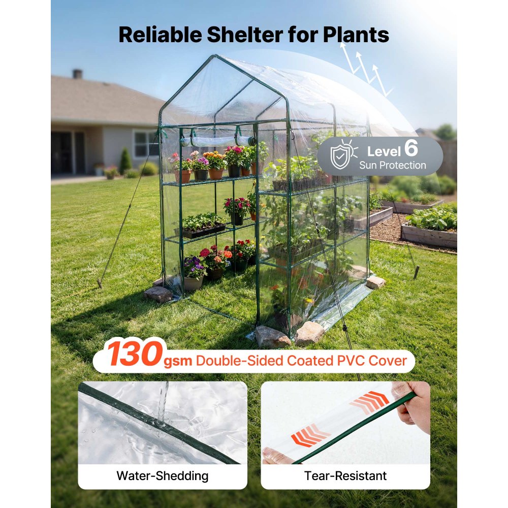 VEVOR Walk-in Green House, 54 x 54 x 77.2 in, Greenhouse with Shelves, High Strength PE Cover with Zipper Door and Steel Frame, Assembly in Minutes, Suitable for Planting and Storage