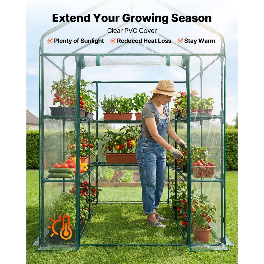 VEVOR Walk-in Green House, 54 x 54 x 77.2 in, Greenhouse with Shelves, High Strength PE Cover with Zipper Door and Steel Frame, Assembly in Minutes, Suitable for Planting and Storage