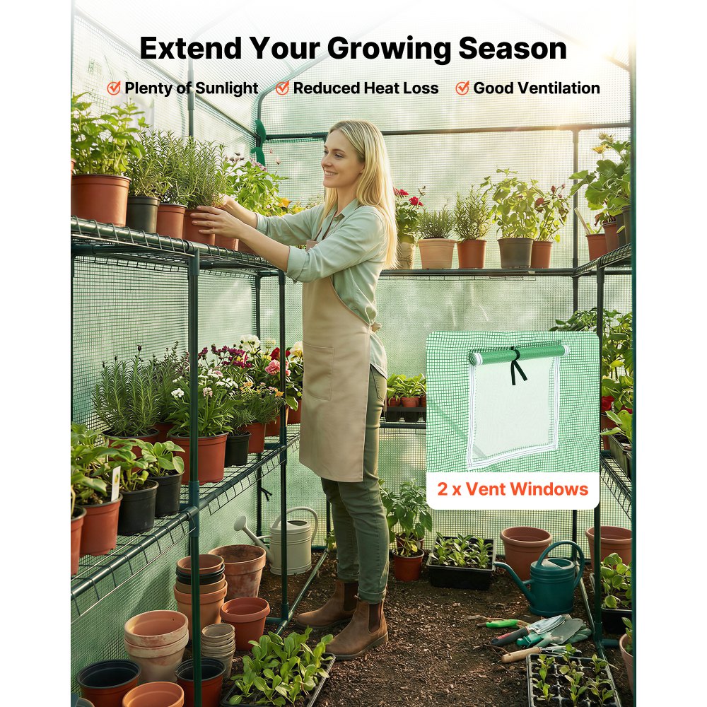VEVOR Walk-in Green House, 54 x 81.1 x 77.2 in, Greenhouse with Shelves, High Strength PE Cover with Zipper Door and Steel Frame, Assembly in Minutes, Suitable for Planting and Storage