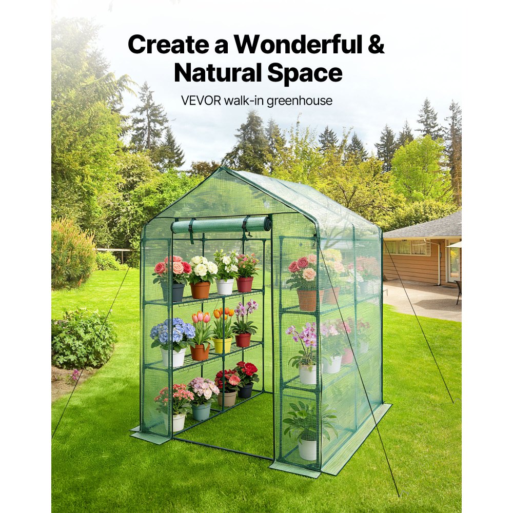 VEVOR Walk-in Greenhouse, 55.5" x 56.1" x 78.7" Greenhouse for Outdoors with PE Cover, 2 Tiers 8 Shelves, Roll-Up Zipper Door, Walk in Green House, Portable Plant Garden Hot House for Backyard Outside