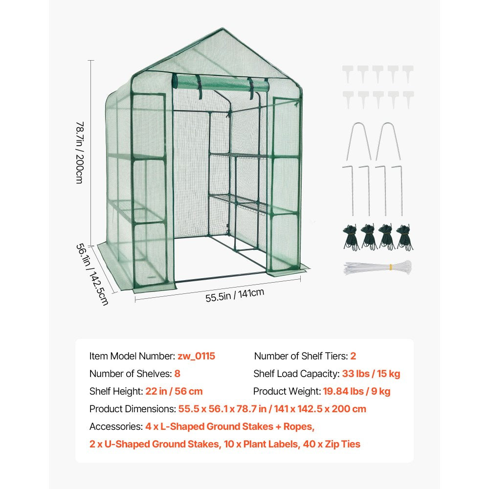 VEVOR Walk-in Greenhouse, 55.5" x 56.1" x 78.7" Greenhouse for Outdoors with PE Cover, 2 Tiers 8 Shelves, Roll-Up Zipper Door, Walk in Green House, Portable Plant Garden Hot House for Backyard Outside