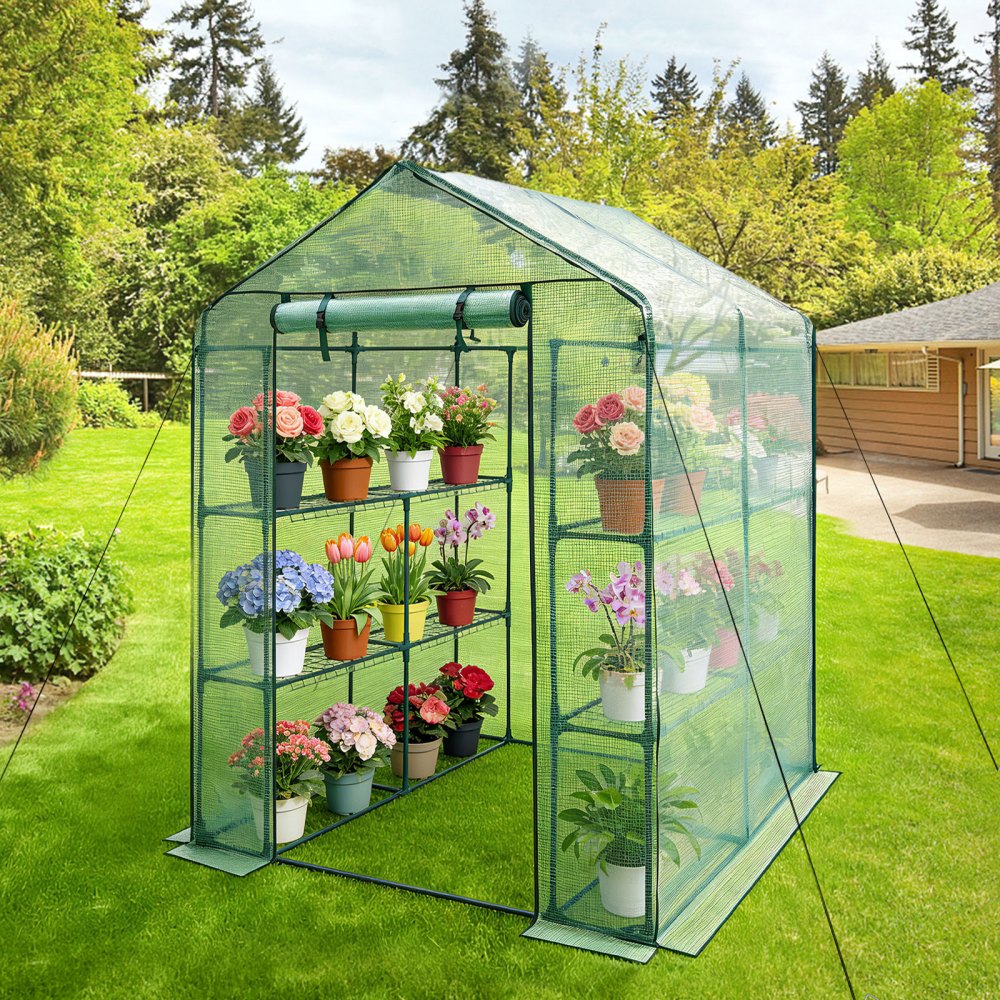 VEVOR Walk-in Greenhouse, 55.5" x 56.1" x 78.7" Greenhouse for Outdoors with PE Cover, 2 Tiers 8 Shelves, Roll-Up Zipper Door, Walk in Green House, Portable Plant Garden Hot House for Backyard Outside