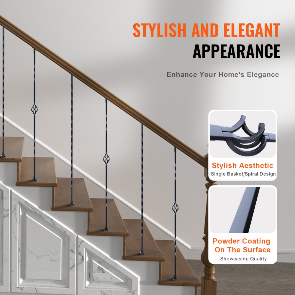 VEVOR Staircase Metal Balusters, 44'' x 1/2" Galvanized Steel Decorative Banister Spindles, 10 Pack Deck Baluster with Hollow Single Baskets, Twists, Spiral Stair Railing w/ Shoes & Screws