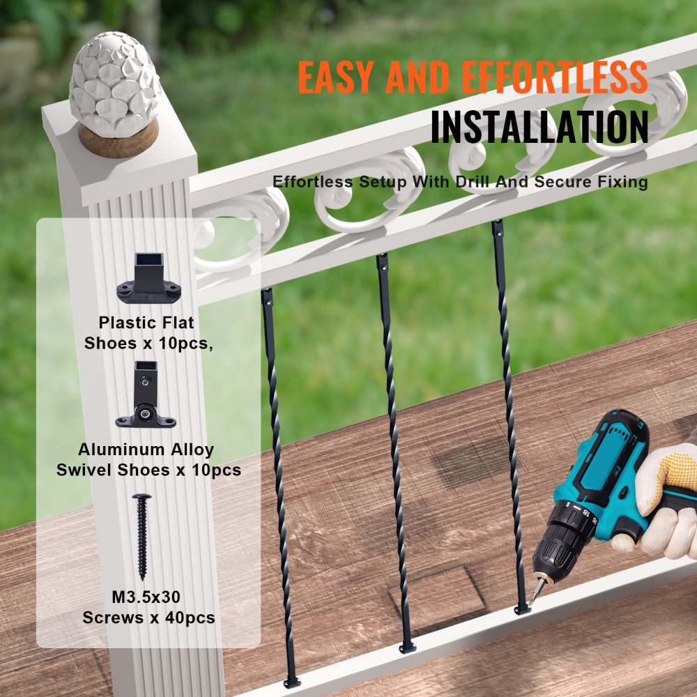 VEVOR Staircase Metal Balusters, 44'' x 1/2" Galvanized Steel Decorative Banister Spindles, 10 Pack Deck Baluster with Hollow Twists, Satin Black Spiral Stair Railing with Shoes & Screws