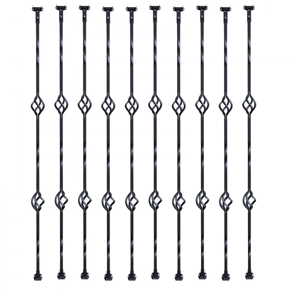 VEVOR Staircase Metal Balusters, 44'' x 1/2" Galvanized Steel Decorative Banister Spindles, 10 Pack Deck Baluster with Hollow Double Baskets, Spiral Stair Railing with Shoes & Screws