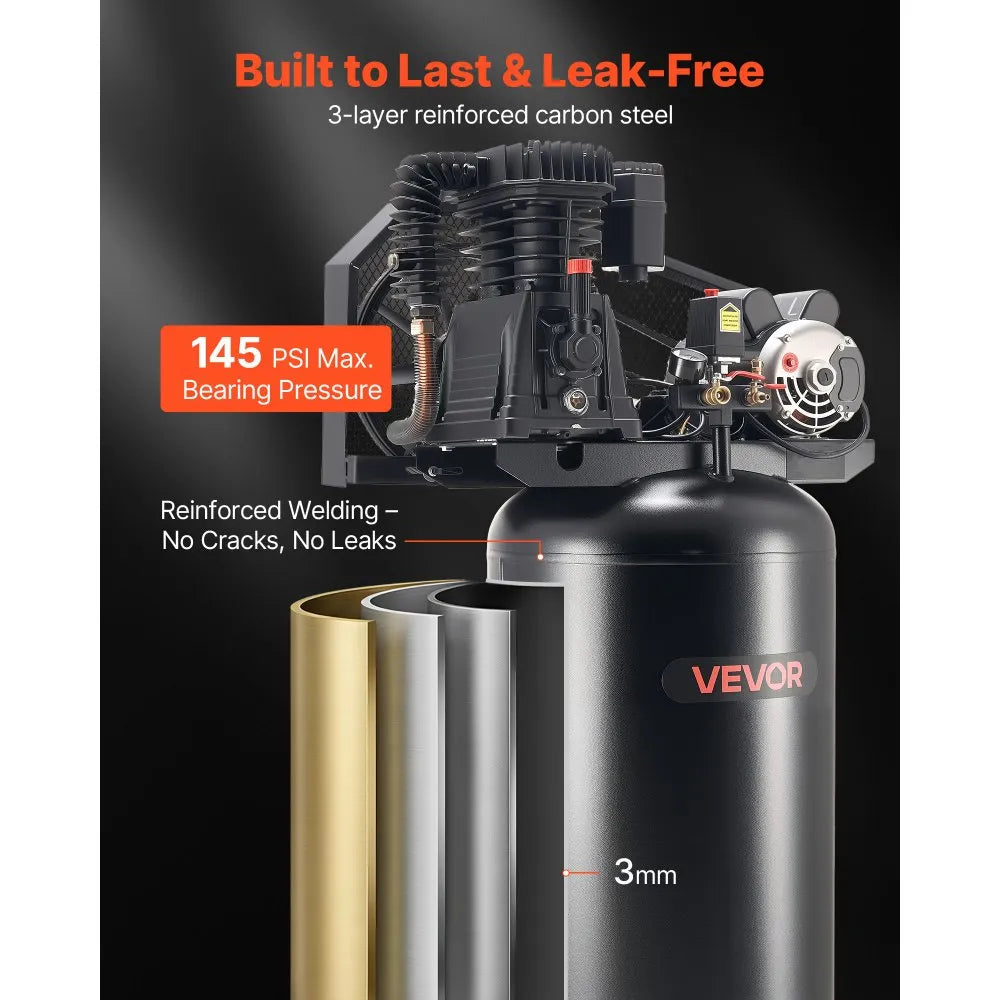 VEVOR 60 Gallons Heavy-Duty Air Compressor, 5HP 12 SCFM at 90PSI Air Compressors Max 145PSI Pressure, Oil-Lubricated Compressor Tank for Industrial Manufacturing, Large Workshops (230V 60Hz, No-Plug)