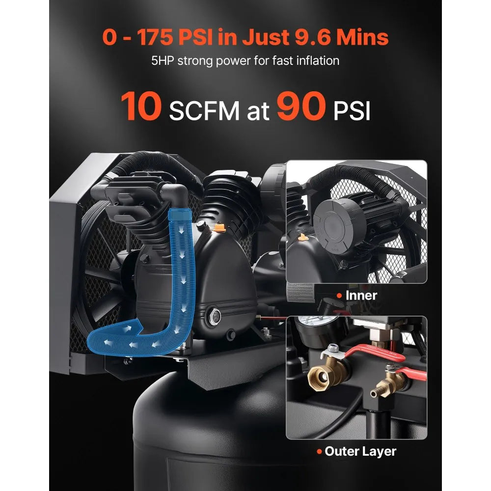 VEVOR 80 Gallons Heavy-Duty Air Compressor, 5HP 10 SCFM at 90PSI Air Compressors Max 175PSI Pressure, Oil-Lubricated Compressor Tank for Industrial Manufacturing, Large Workshops (230V 60Hz, No-Plug)