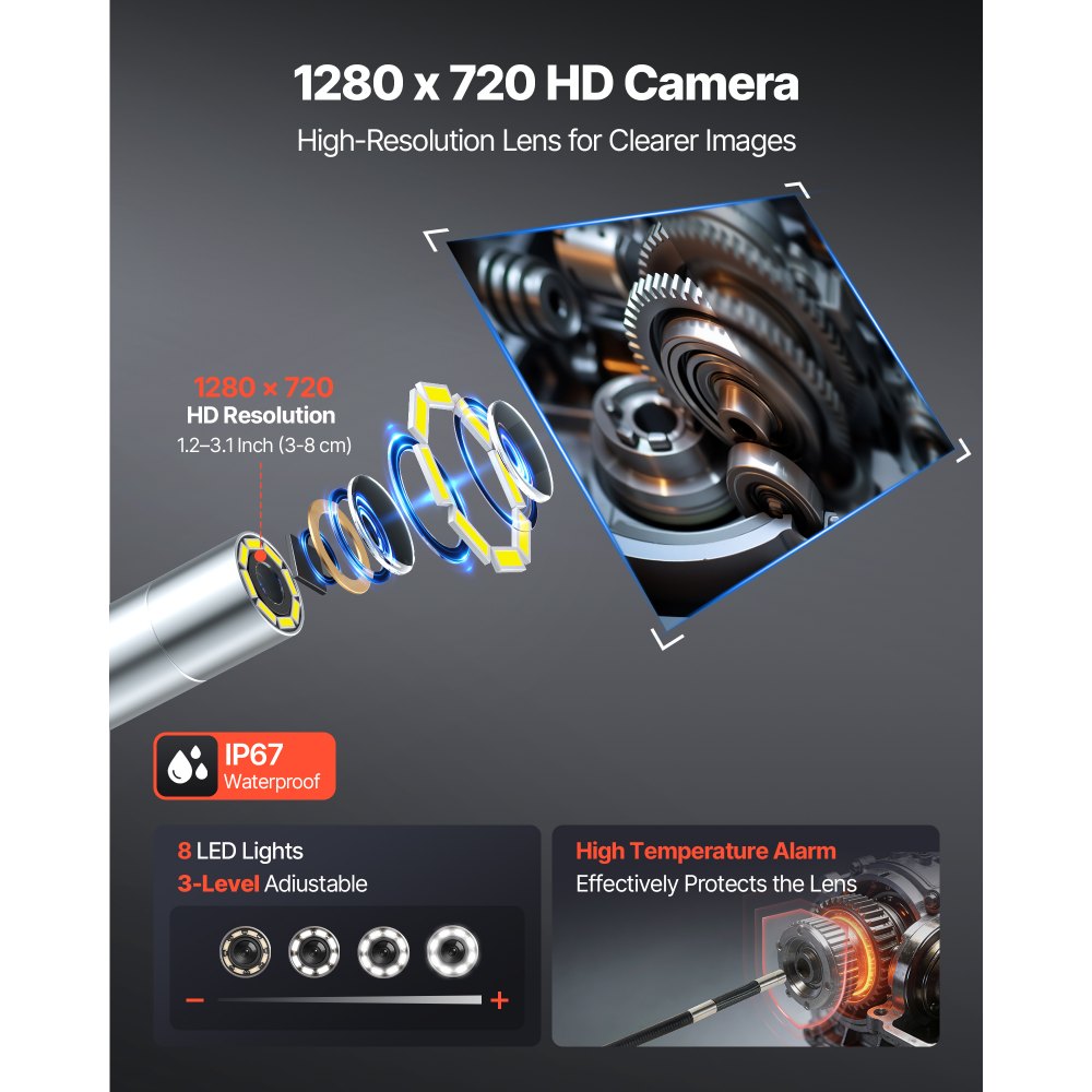 VEVOR Articulating Borescope Camera with Light, Two-Way Articulated Endoscope, 0.24" Slim Lens, 4.3" IPS Screen, 8X Zoom, IP67 Waterproof Inspection Camera for Auto, Mechanical Equipment (4.9FT Cable)