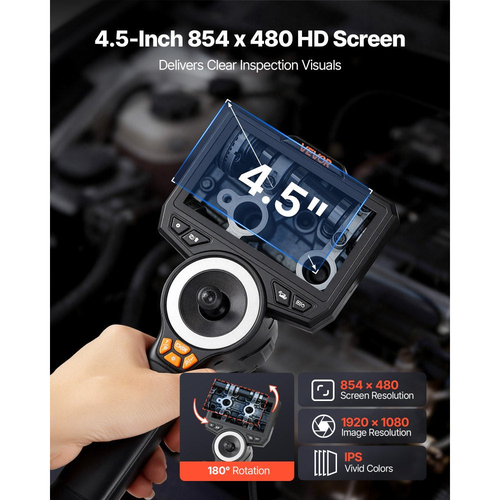 VEVOR Articulating Endoscope with Light, 4-Way 360° Articulated Borescope, 0.24" Slim Lens 1920 x 1080, 4.5" HD IPS Screen, 8X Zoom Inspection Camera for Auto, Mechanical Equipment (4.9FT Snake Cable)