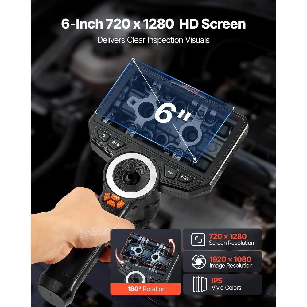 VEVOR Articulating Endoscope with Light, 4-Way 360° Articulated Borescope Camera, 0.24" Slim Lens 1920 x 1080, 6" HD IPS Screen, 7000mAh Battery, IP67 Waterproof for Automotive & Mechanical Inspection