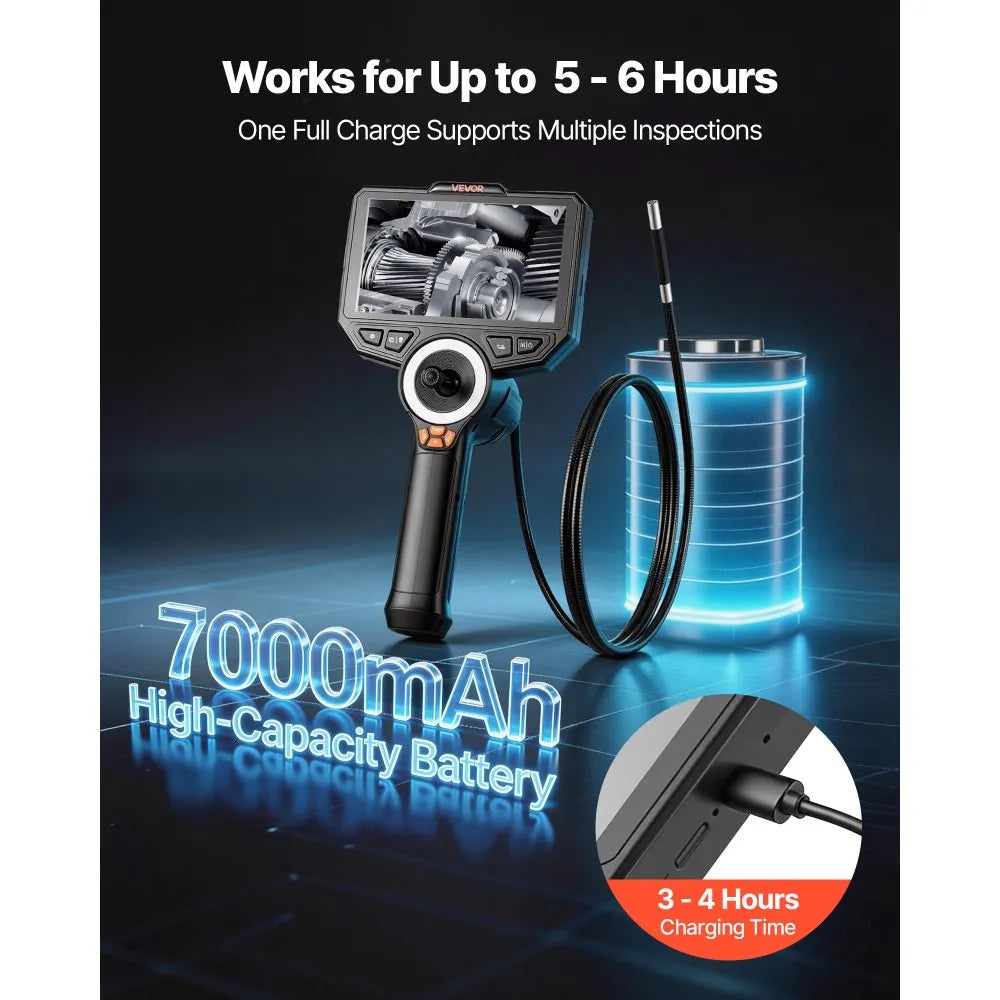 VEVOR Articulating Endoscope with Light, 4-Way 360° Articulated Borescope Camera, 0.24" Slim Lens 1920 x 1080, 6" HD IPS Screen, 7000mAh Battery, IP67 Waterproof for Automotive & Mechanical Inspection