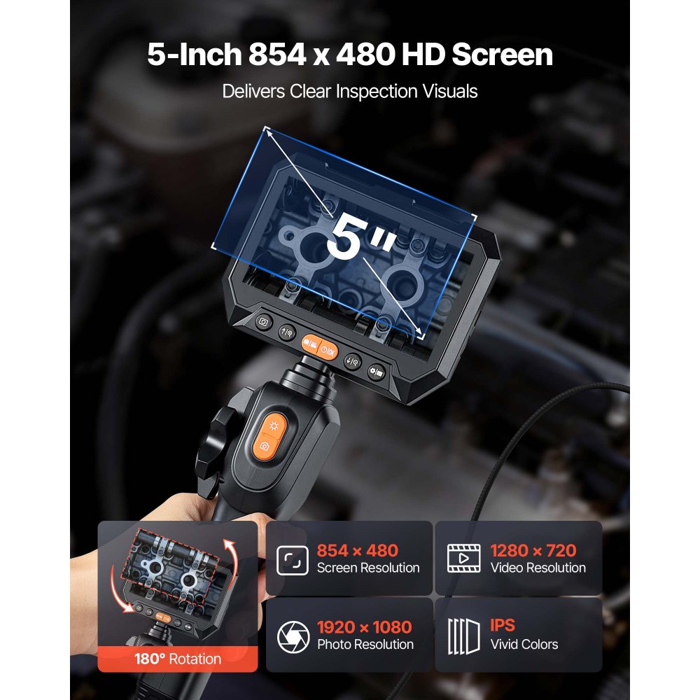 VEVOR Articulating Borescope with 0.15" Ultra Slim Lens, Two-Way Articulated Endoscope with Light, 5" HD IPS Screen, 8X Zoom, 5000mAh Inspection Camera for Auto, Tight Mechanical Spaces (4.9FT Cable)