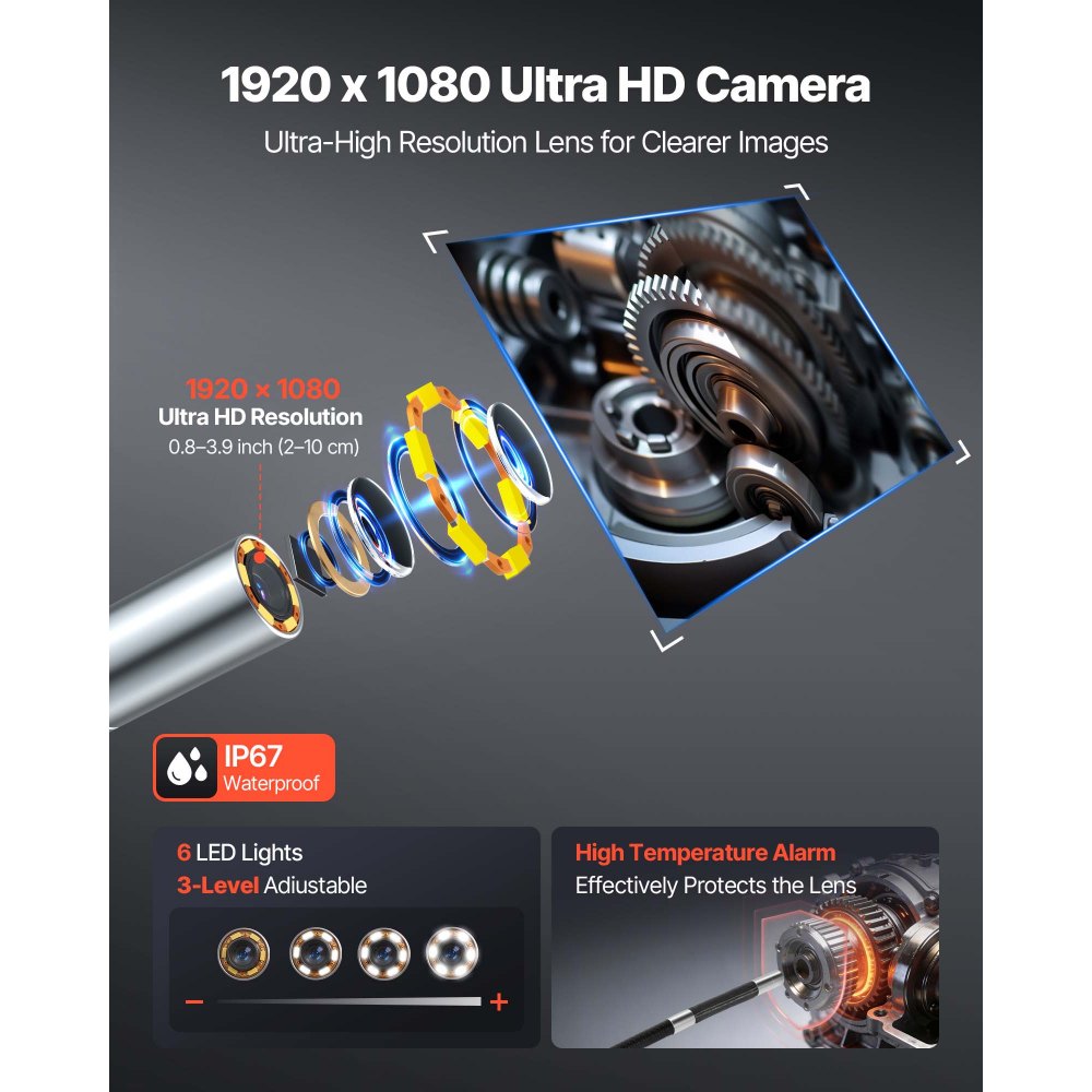 VEVOR Articulating Endoscope with Light, 4-Way 360° Articulated Borescope Camera, 6" HD IPS Screen, 1920 x 1080 Lens, 8X Zoom, 7000mAh Battery, IP67 Waterproof for Auto, Plumbing (4.9FT Snake Cable)