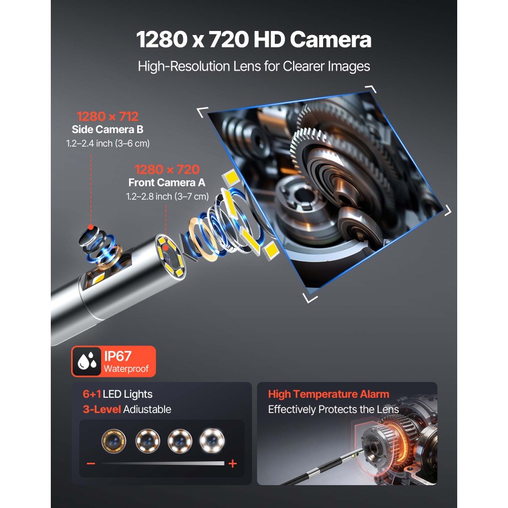 VEVOR 2-Way Dual-Lens Articulating Endoscope with Light, 1080P HD Industrial Borescope Inspection Camera with 0.24-inch Slim Articulated Probe, Rigid Snake Scope Cam for Wall Automotive Inspect-4.9FT