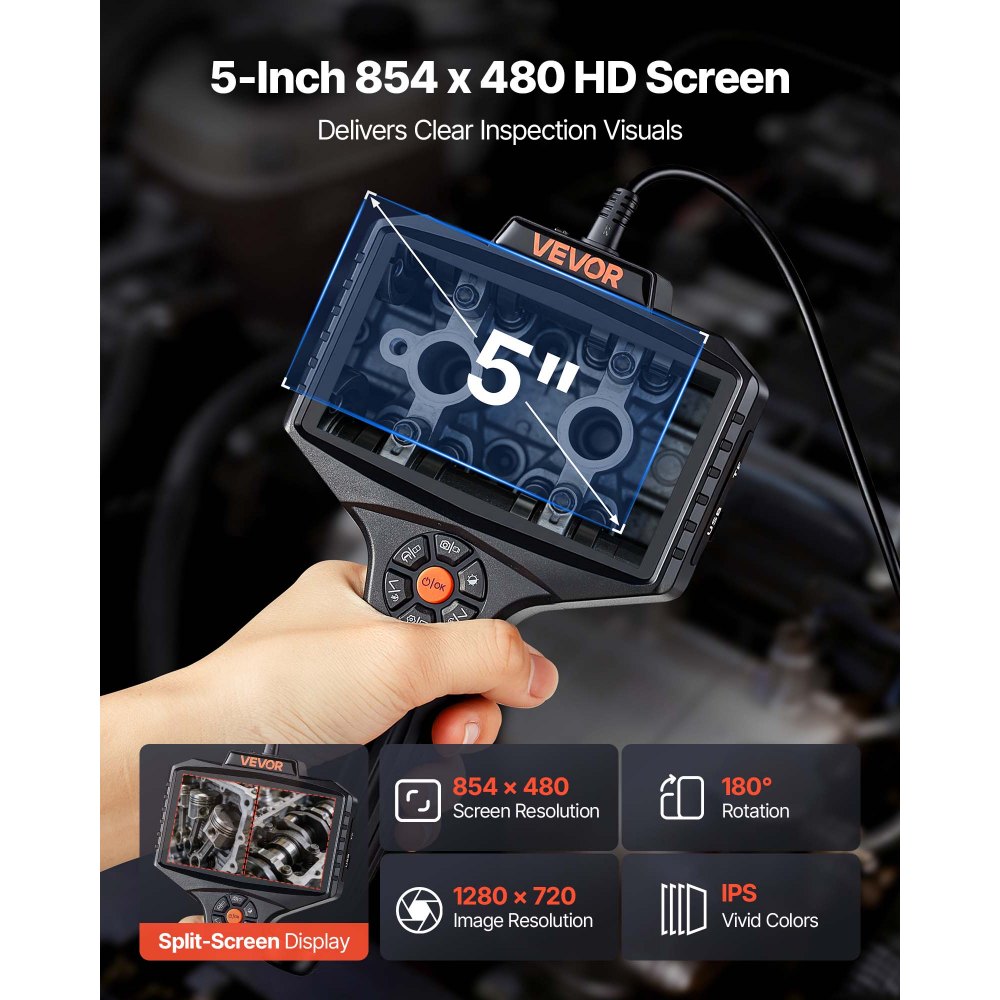 VEVOR Endoscope with Light, 360° View Coverage Industrial Borescope Inspection Camera with Rotating Probe, 1080P HD Rigid Snake Scope Cam for Wall Automotive Engine Inspect-16.4FT