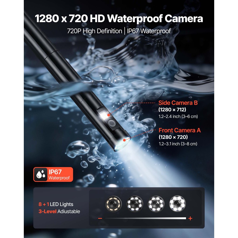 VEVOR Endoscope with Light, 360° View Coverage Industrial Borescope Inspection Camera with Rotating Probe, 1080P HD Rigid Snake Scope Cam for Wall Automotive Engine Inspect-16.4FT
