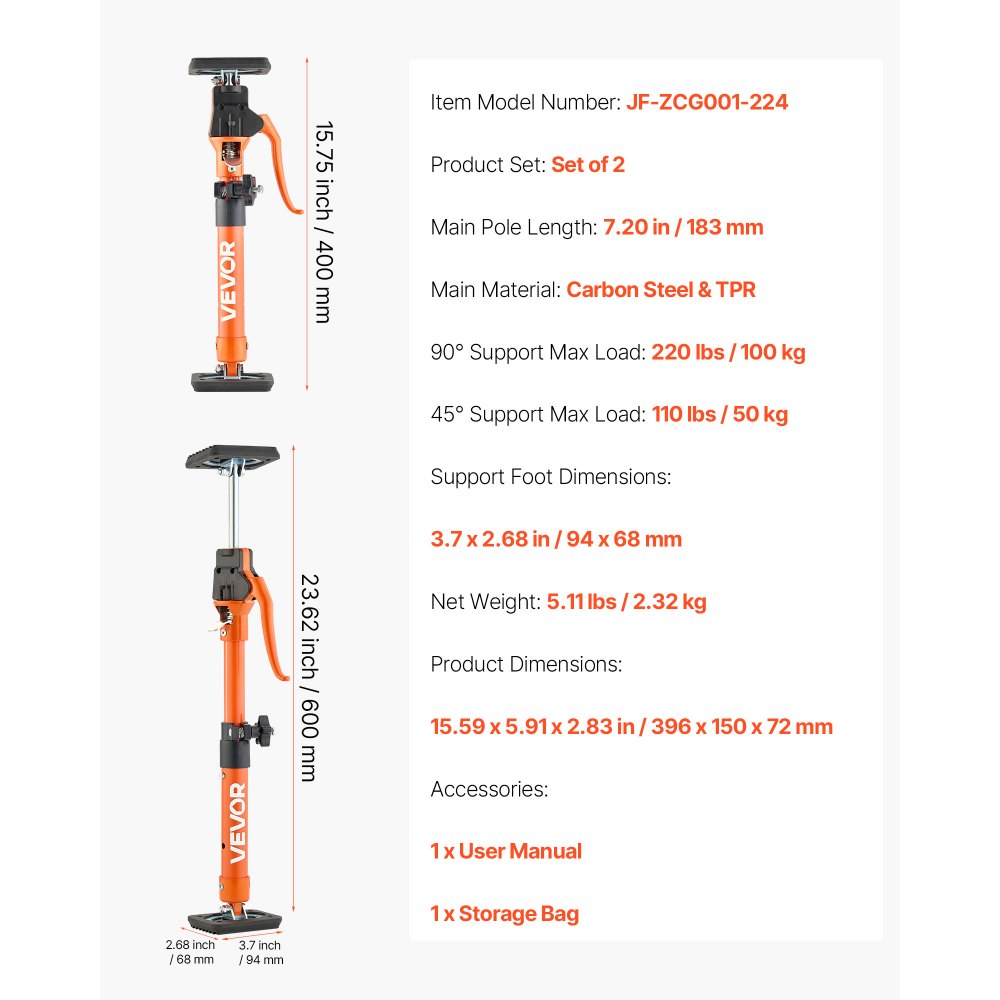 VEVOR Cabinet Jack Support Pole, 2-Pack, 15.75-23.6 Inch Steel Telescopic Quick Support Rod, Adjustable 3rd Hand System up to 220 lbs Capacity for Installing Cabinets, Lifting Drywall, Cargo Bars