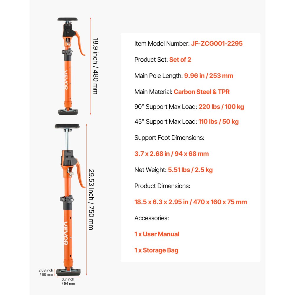 VEVOR Cabinet Jack Support Pole, 2-Pack, 18.9-29.5 Inch Steel Telescopic Quick Support Rod, Adjustable 3rd Hand System up to 220 lbs Capacity for Installing Cabinets, Lifting Drywall, Cargo Bars