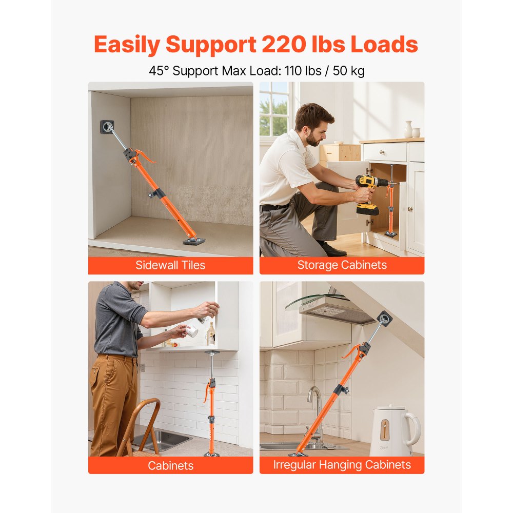 VEVOR Cabinet Jack Support Pole, 2-Pack, 25.4-45.3 Inch Steel Telescopic Quick Support Rod, Adjustable 3rd Hand System up to 220 lbs Capacity for Installing Cabinets, Lifting Drywall, Cargo Bars