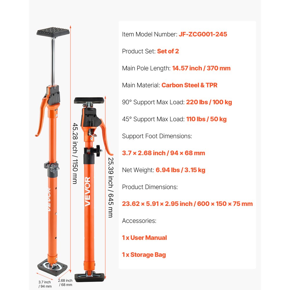 VEVOR Cabinet Jack Support Pole, 2-Pack, 25.4-45.3 Inch Steel Telescopic Quick Support Rod, Adjustable 3rd Hand System up to 220 lbs Capacity for Installing Cabinets, Lifting Drywall, Cargo Bars