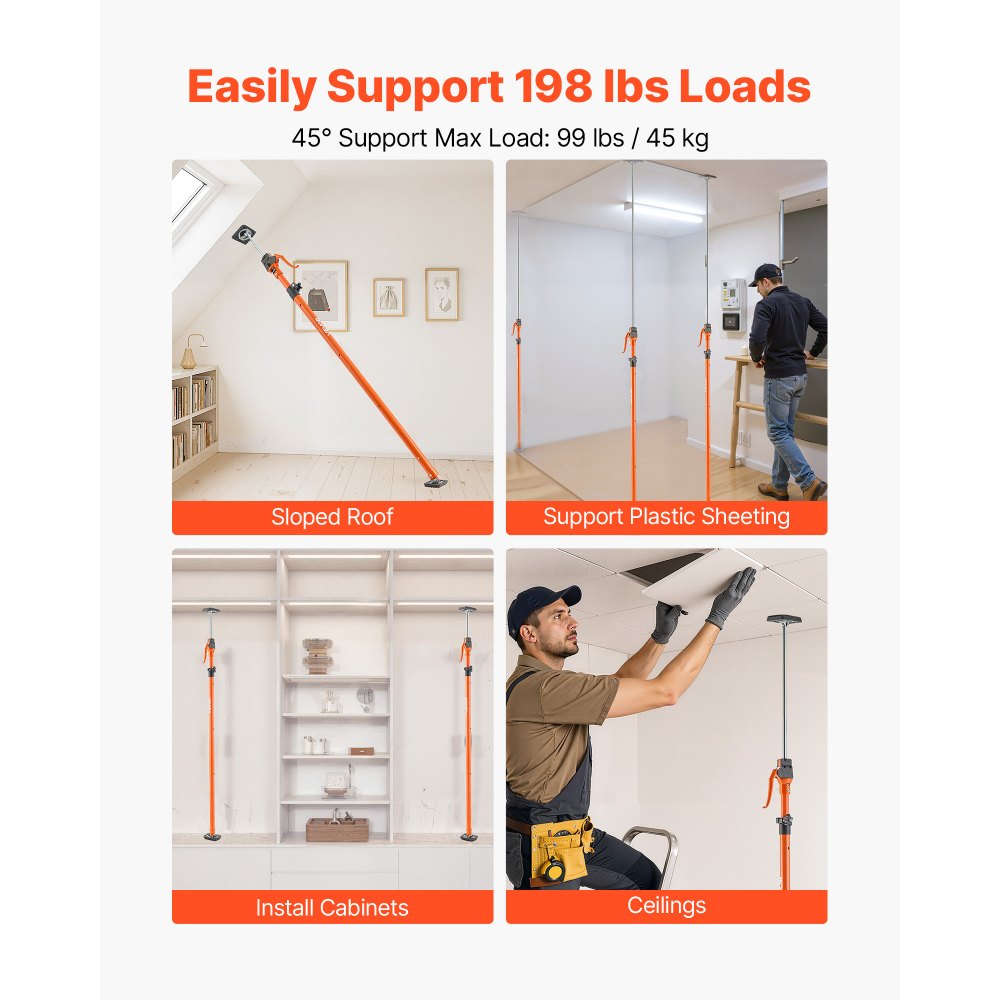 VEVOR Cabinet Jack Support Pole, 2-Pack, 49.2-114.6 Inch Steel Telescopic Quick Support Rod, Adjustable 3rd Hand System up to 198 lbs Capacity for Installing Cabinets, Lifting Drywall, Cargo Bars
