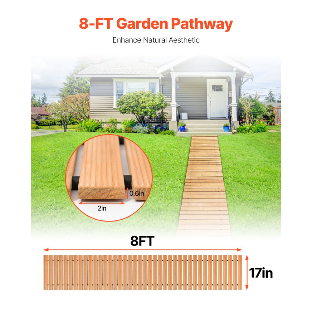 VEVOR Wooden Garden Pathway, 8 ft L x 17 in W, Non-Slip Straight Garden Walkway, Roll Out Cedar Outdoor Walkway Path with Wire Rope Connection, Decorative Garden Paver for Backyard Wedding Party