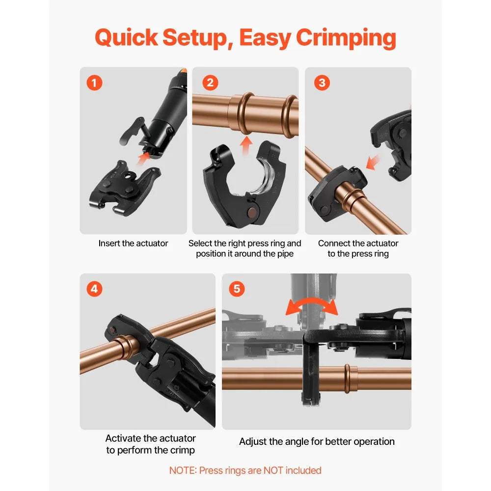 VEVOR Press Actuator for 24KN Compact Series Press Tools, Works with 1/2", 3/4", 1" & 1-1/4" Press Rings - Compatible with ProPress Copper Pipes (Ring NOT Included)